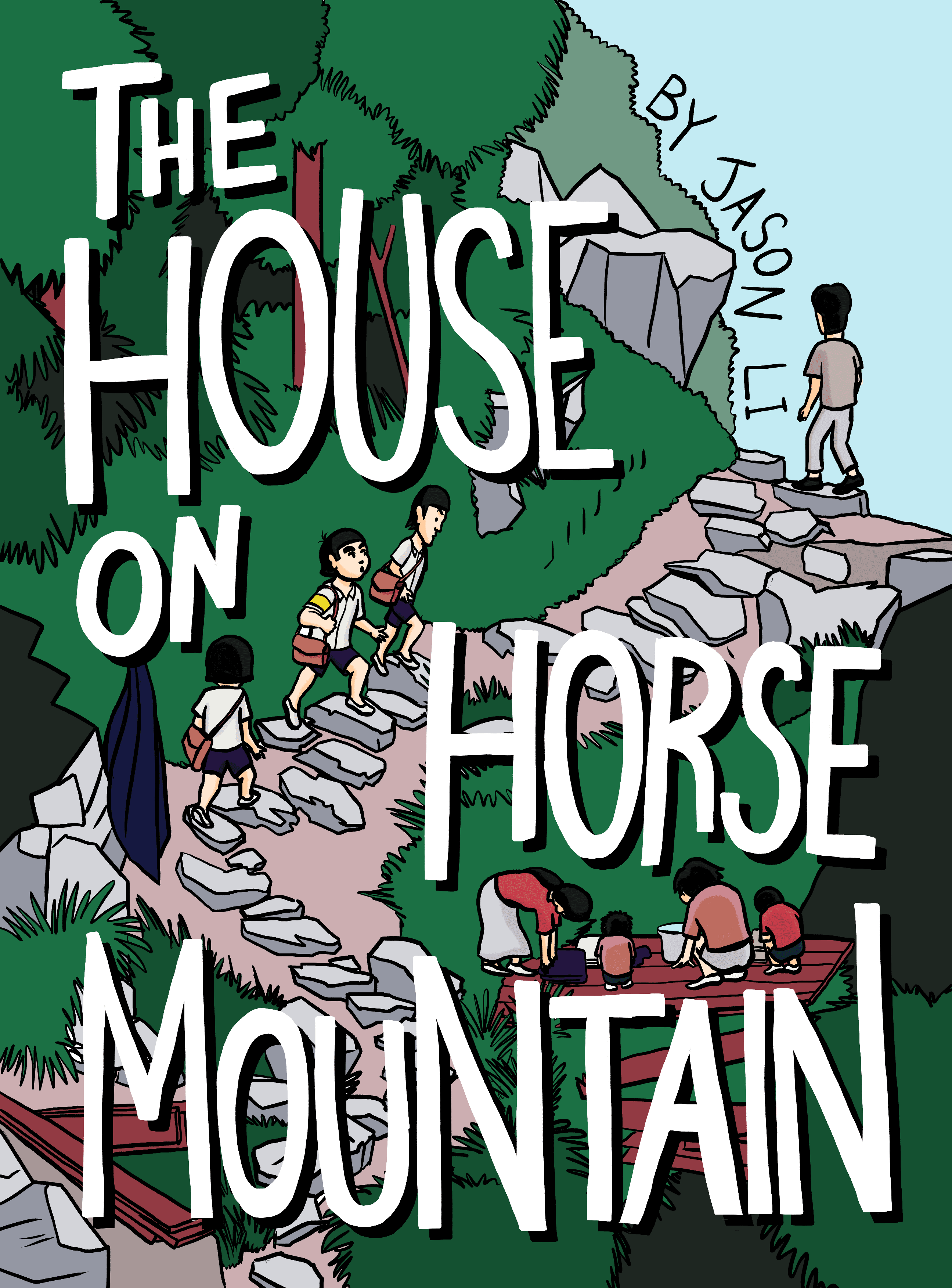 Book cover image of The House on Horse Mountain featuring a small group of students walking up a hill next to lush foilage and trees